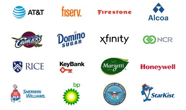 Various logos, including BP, Cleveland Cavaliers, Honeywell, AT&T, and Firestone