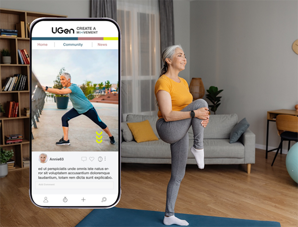 A conceptual social app for UGen on an iPhone with a middle-aged woman doing stretches next to it.